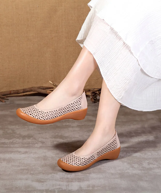 Sheepskin Hollow Out Retro Apricot Wedge Heels Shoes