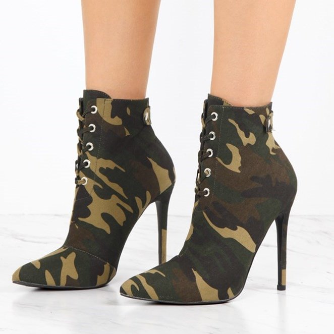 Women's Army Green Lace Up Boots Pointy Toe Stiletto Heels Ankle Boots |FSJ Shoes