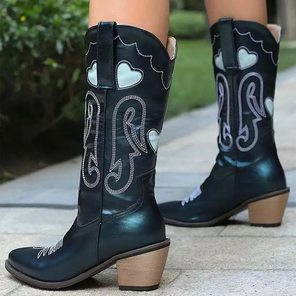 Green Snip Toe Mid Calf Embroidered Pull On Women's Western Boots