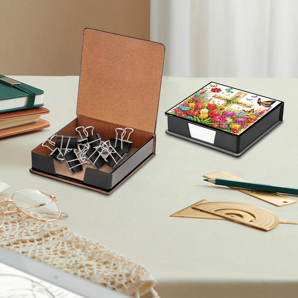 DIY Flower Cross Leather Diamond Art Note Box with 160 Sheets of Paper for Beginners