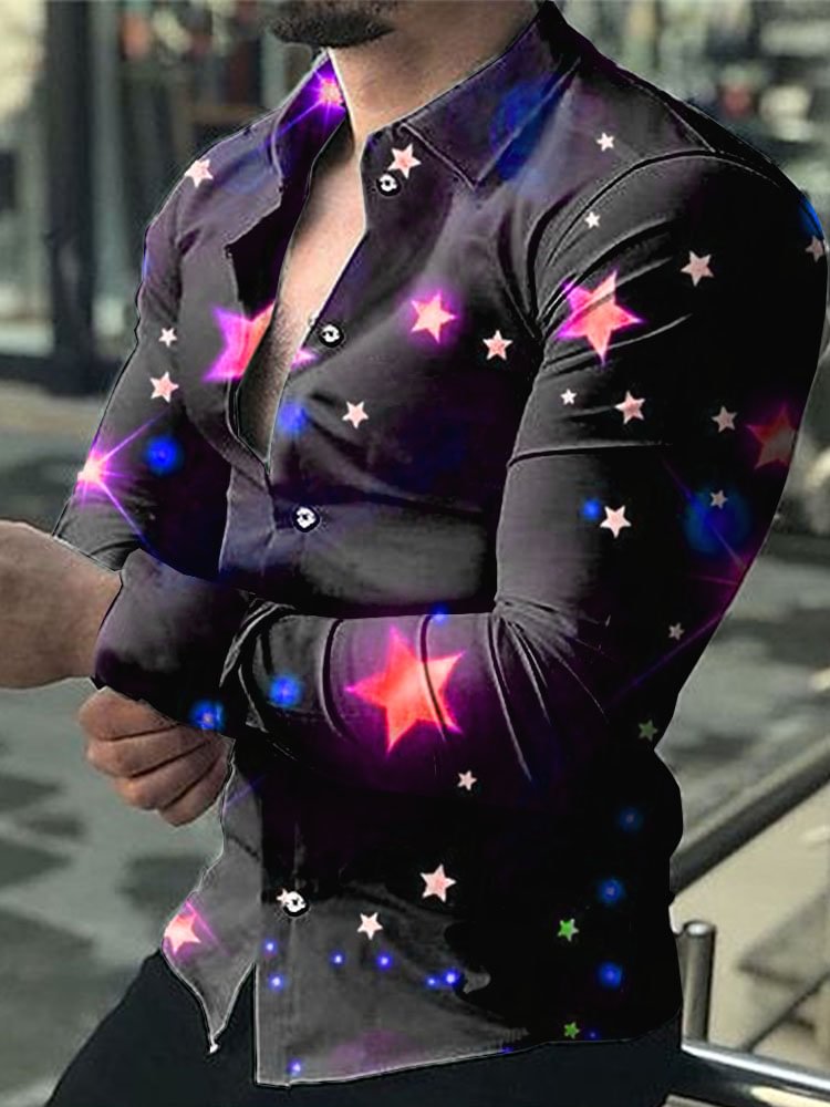 Casual Black Color Star Pattern Printed Men's Shirt Long Sleeve