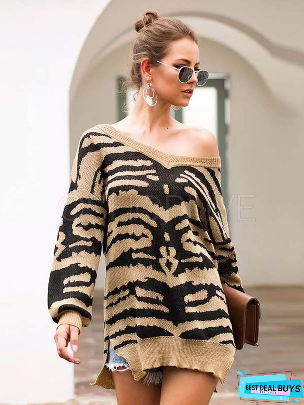 Printed Slit Long Sleeve V-Neck Sweater