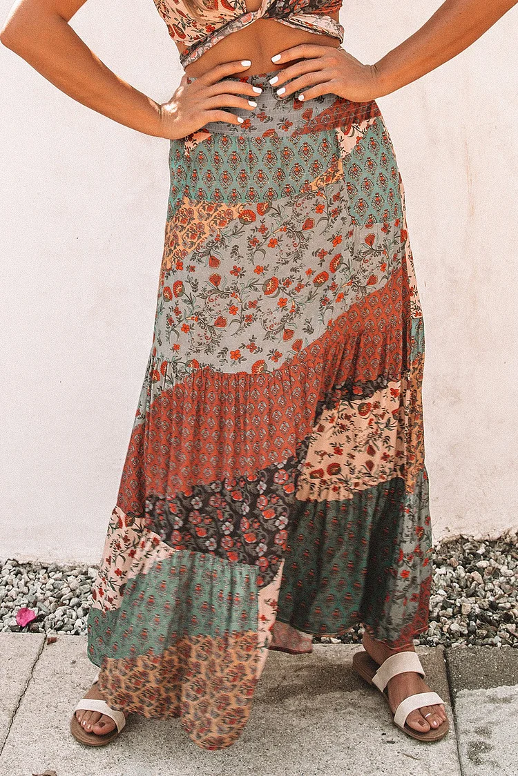 BestDealFriday Multicolor Boho Print Tie Up Waist Long Maxi Skirt P1481343