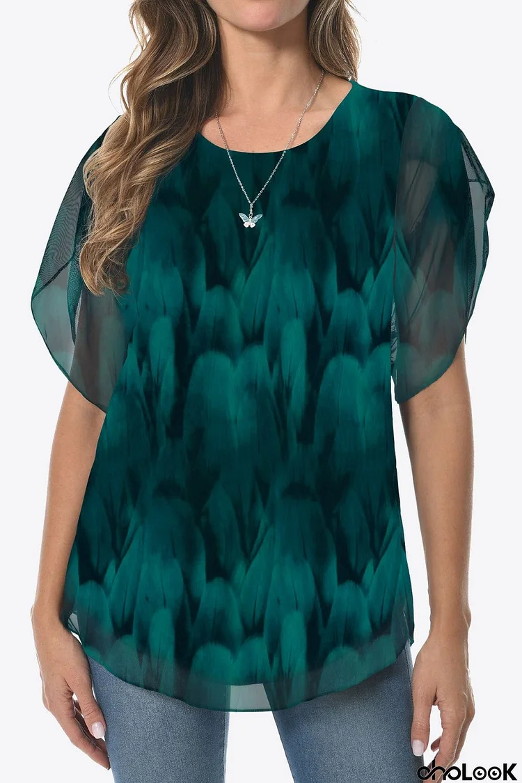 Printed Round Neck Curved Hem Blouse