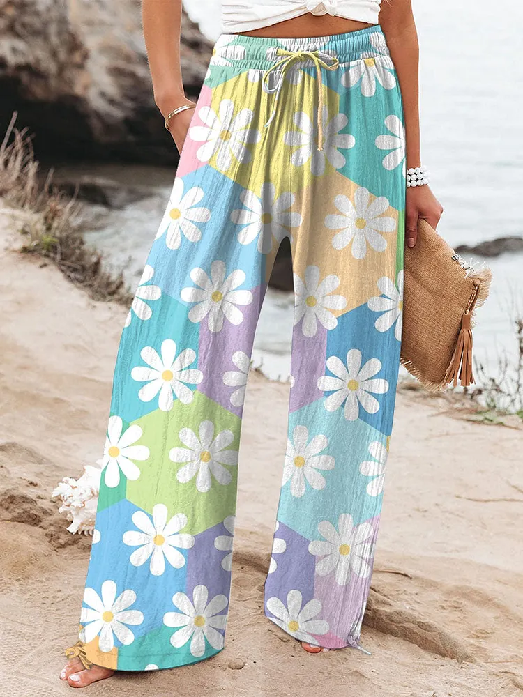 Women's  Vintage Flowers Art  Printed Cotton And Linen Casual Pants