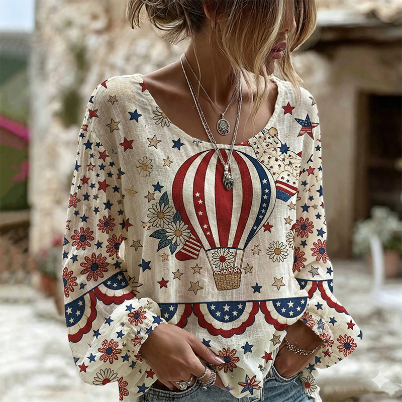 Comstylish Women's Vintage Independence Day Art Print Linen Blend T-shirt