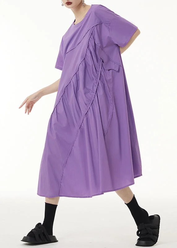 Loose Purple O-Neck Wrinkled Patchwork Cotton Long Dress Short Sleeve