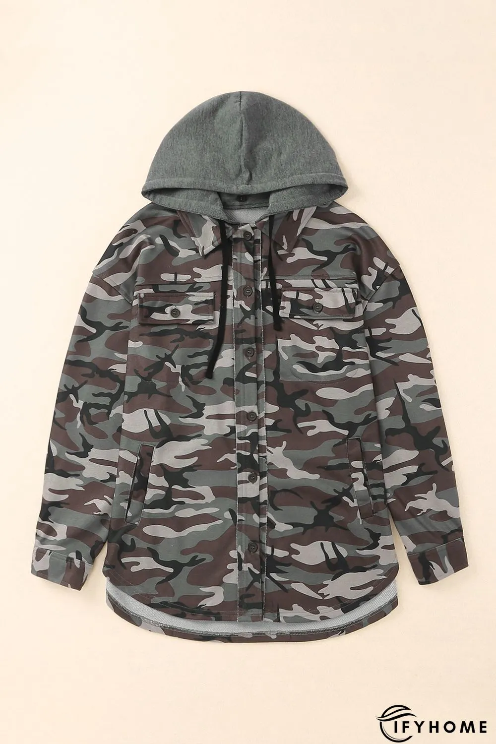 Green Camo Print Button up Hooded Jacket | IFYHOME