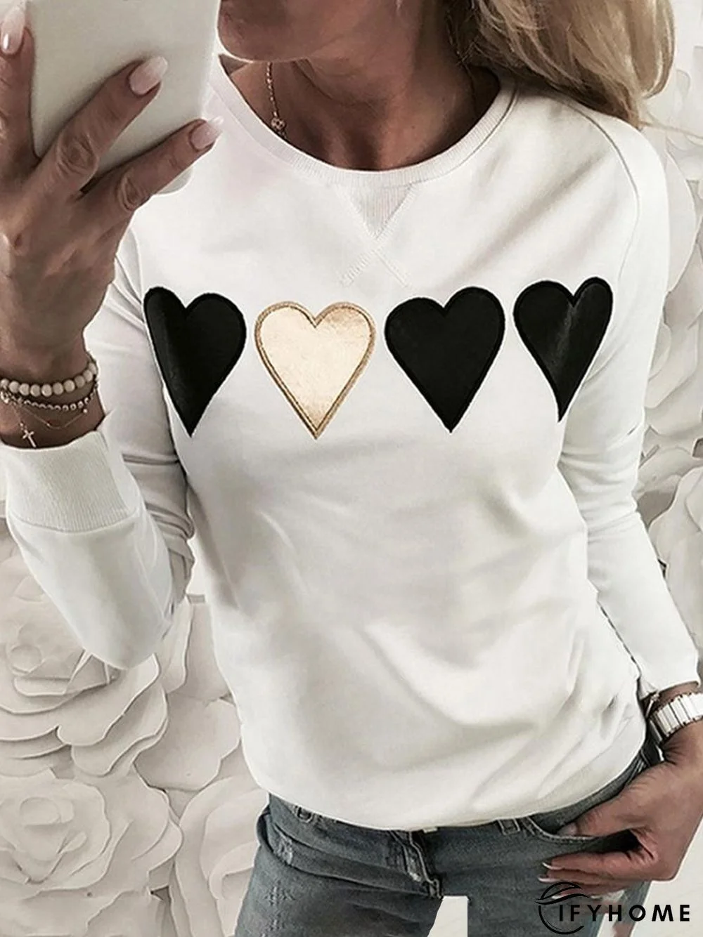 Long Sleeve Basic Crew Neck Geometric Sweatshirts | IFYHOME