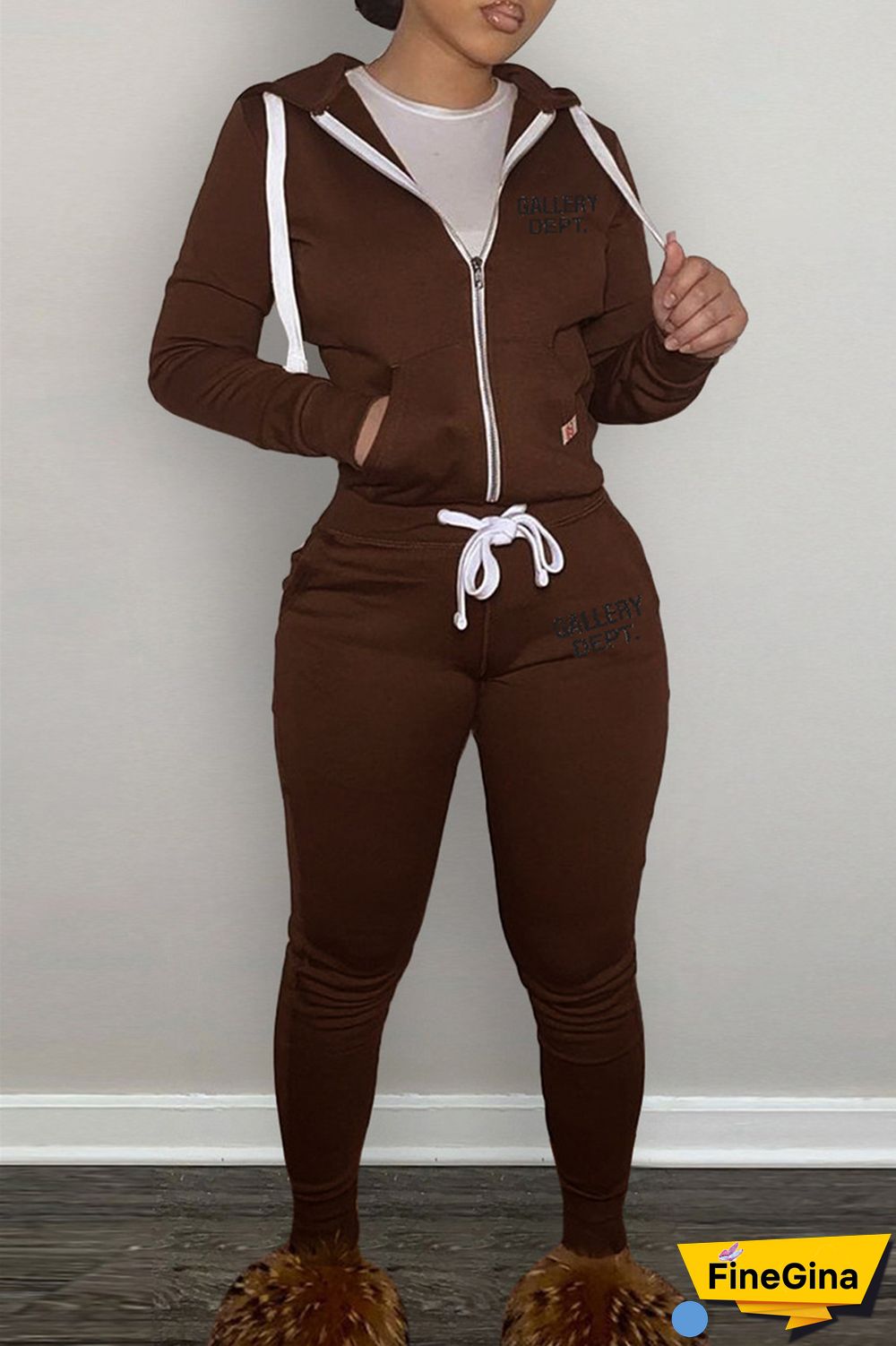 Grey Casual Letter Print Patchwork Hooded Collar Long Sleeve Two Pieces