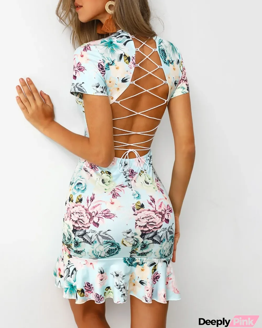 Lace Up Back Sexy Plunging Floral Mermaid Party Dress