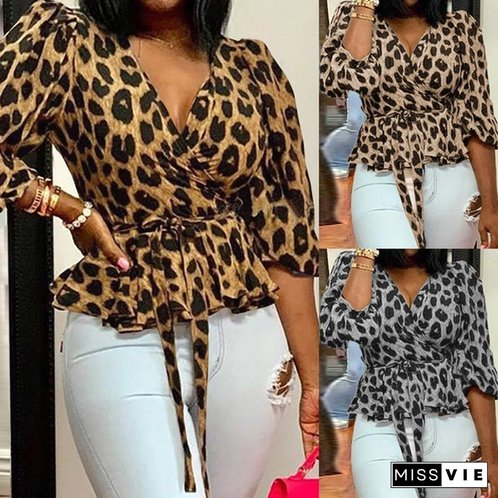 Women Leopard Print Wrap Blouse Long Sleeve V Neck Streetwear Club Party Casual Shirt Peplum Tops Plus Size
