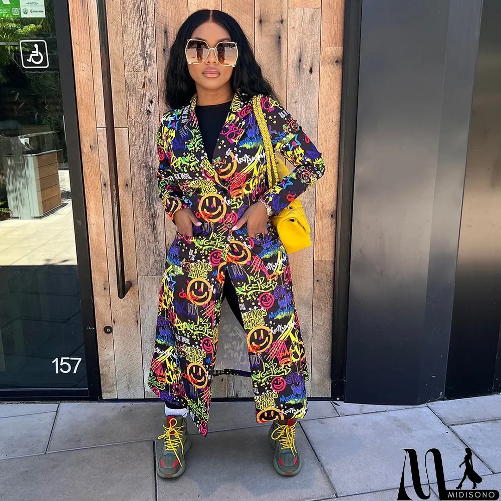 MidiSono - Graffiti Print Long Sleeve Loose Long Coat