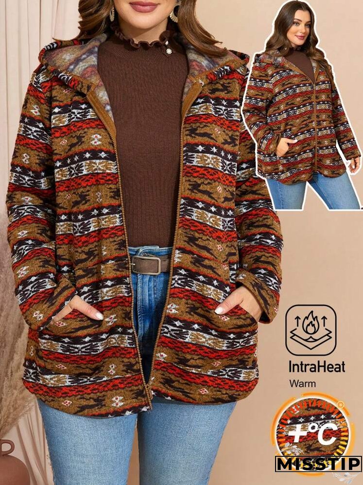 Plus Size Women Vintage Style Printed Hooded Long Sleeve Jacket