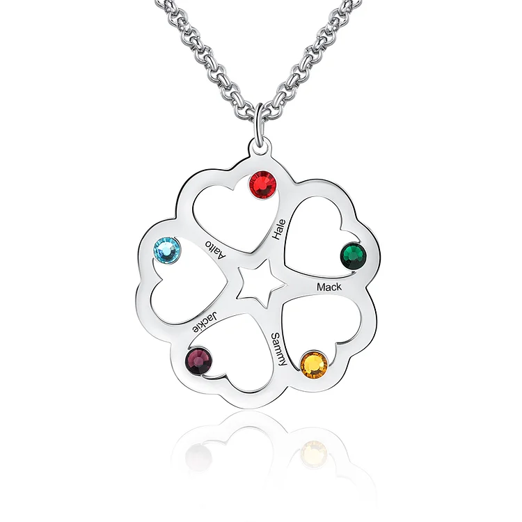 Personalized Clover Heart Necklace with 5 Birthstones Gifts for Mom