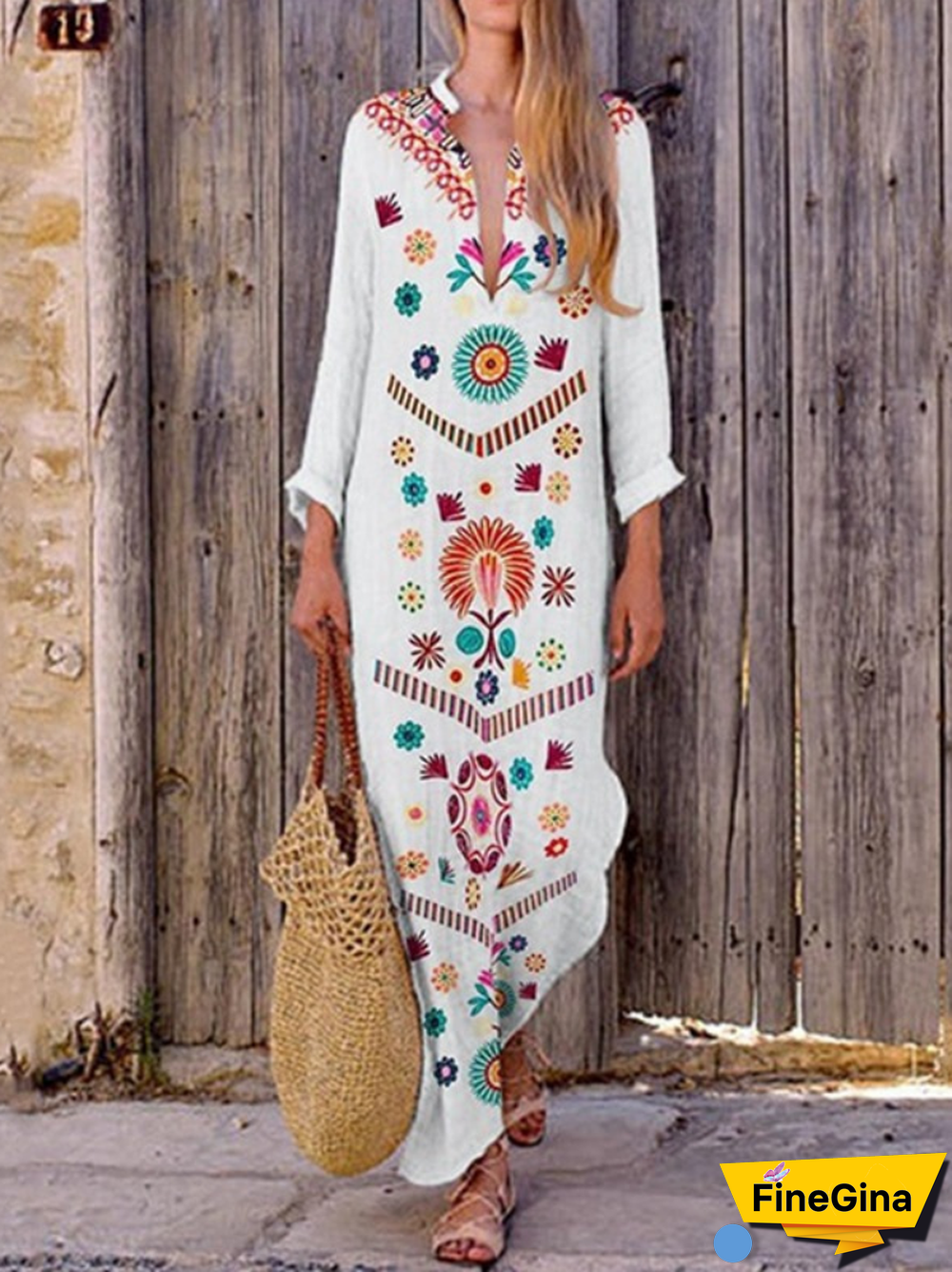 Floral-Print Long Sleeve Floral Summer Dress White Dresses