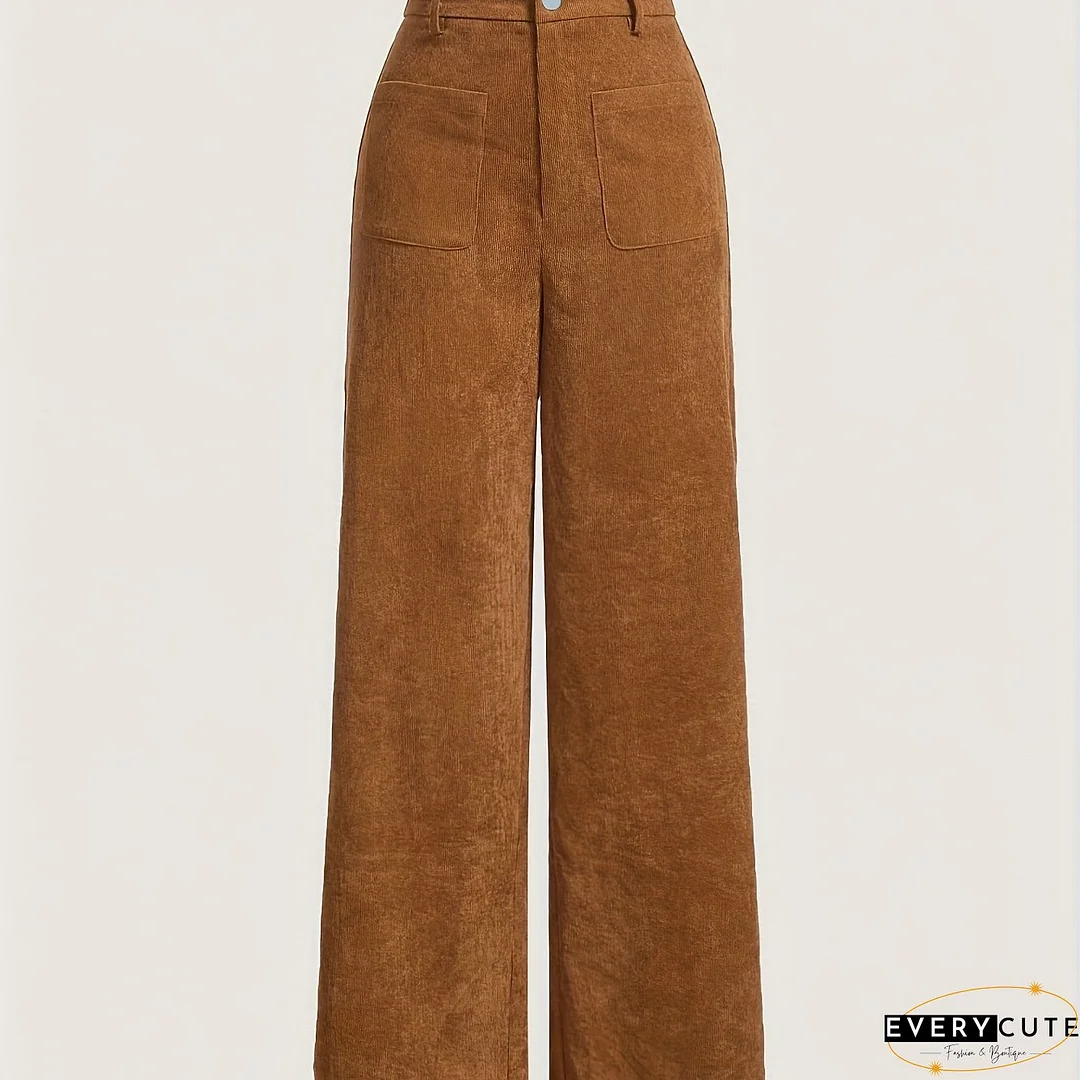 Solid Corduroy Straight Leg Pants, Vintage Patched Pocket Loose Pants, Women's Clothing