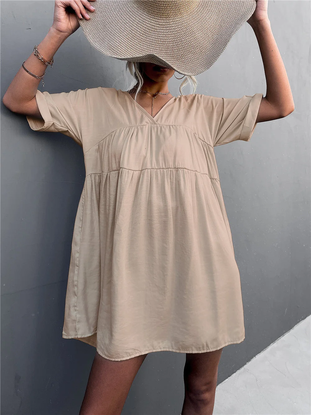 Women  Short Sleeve V-neck Mini Dress With Pockets