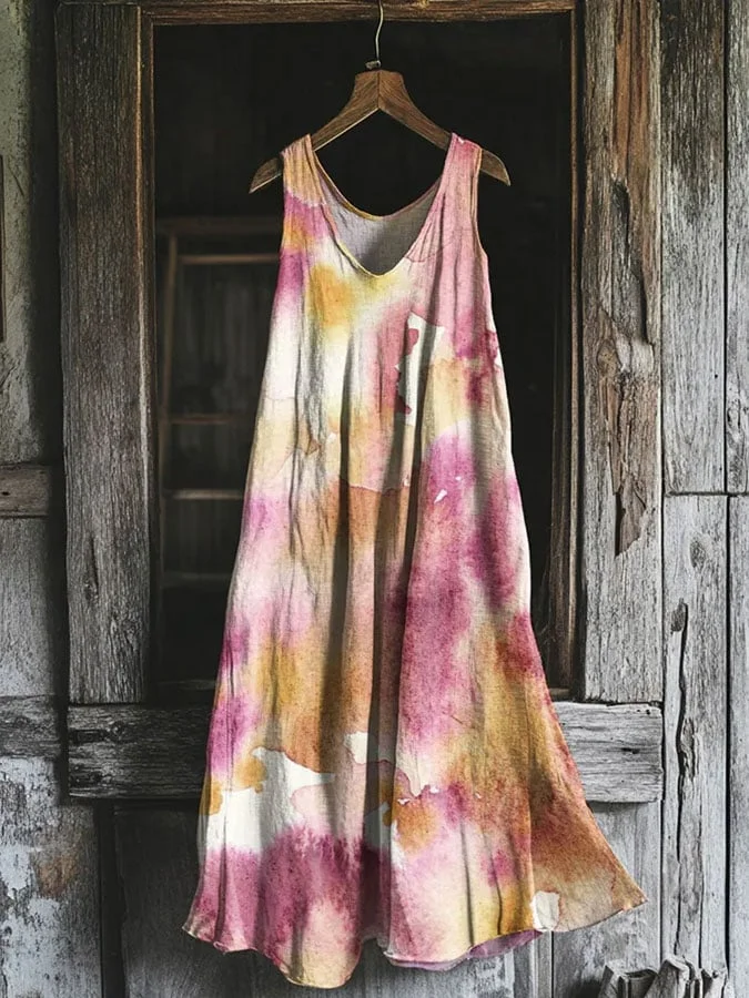 Women's Vintage Watercolor Contrast Art Linen Blend Tank Dress 