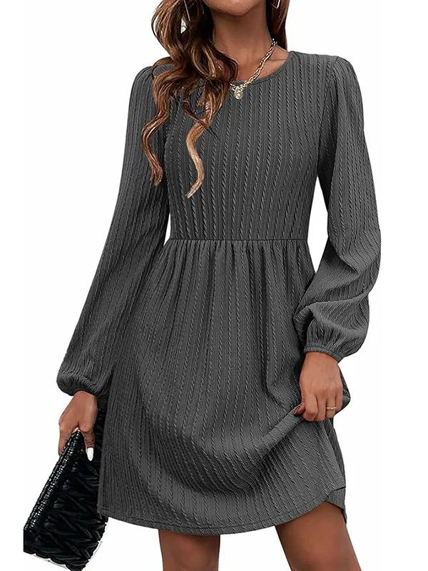 Solid Color Jacquard Puff Sleeves Loose Round-Neck Mini Dresses