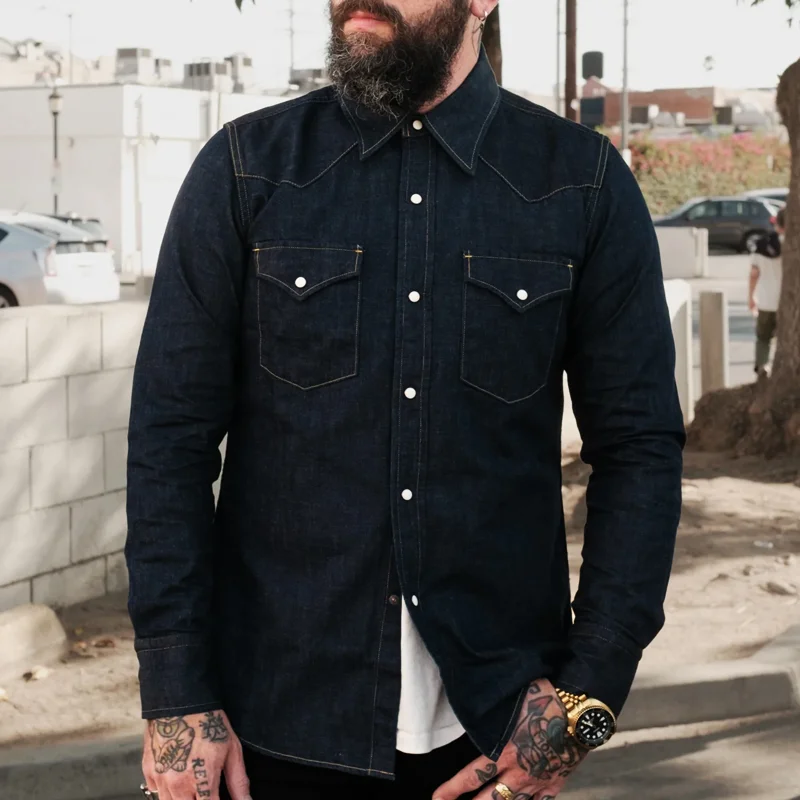 Western 8oz Denim Indigo Rinse Cotton Casual Shirt