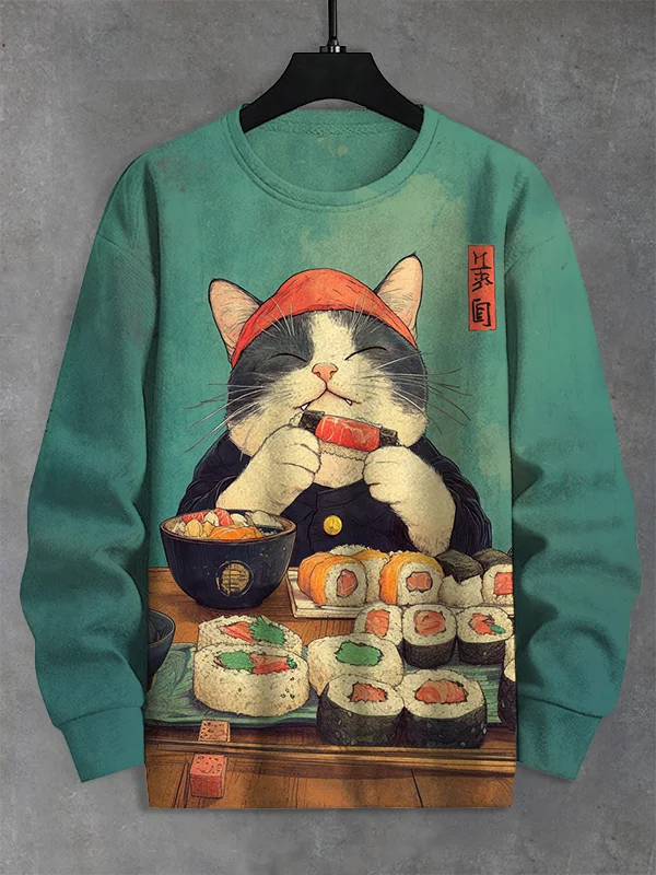 Men's A Cat Eating Sushi Japanese Art Print Casual Sweatshirt