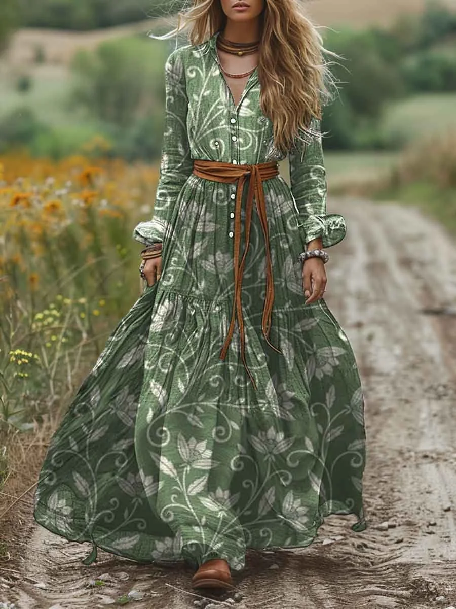 Women's Lapel Floral Print Pocket Cotton A-Line Dress