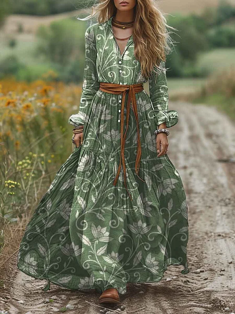 Women's Lapel Floral Print Pocket Cotton A-Line Dress