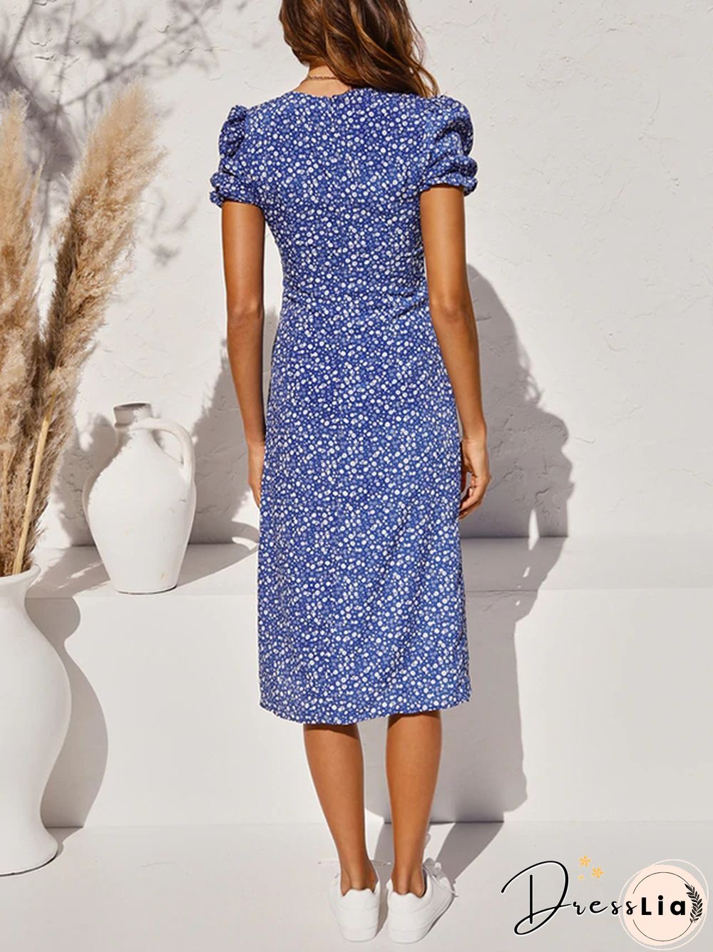 Puff Sleeves Ruched Bust Split Floral Print Midi Dress