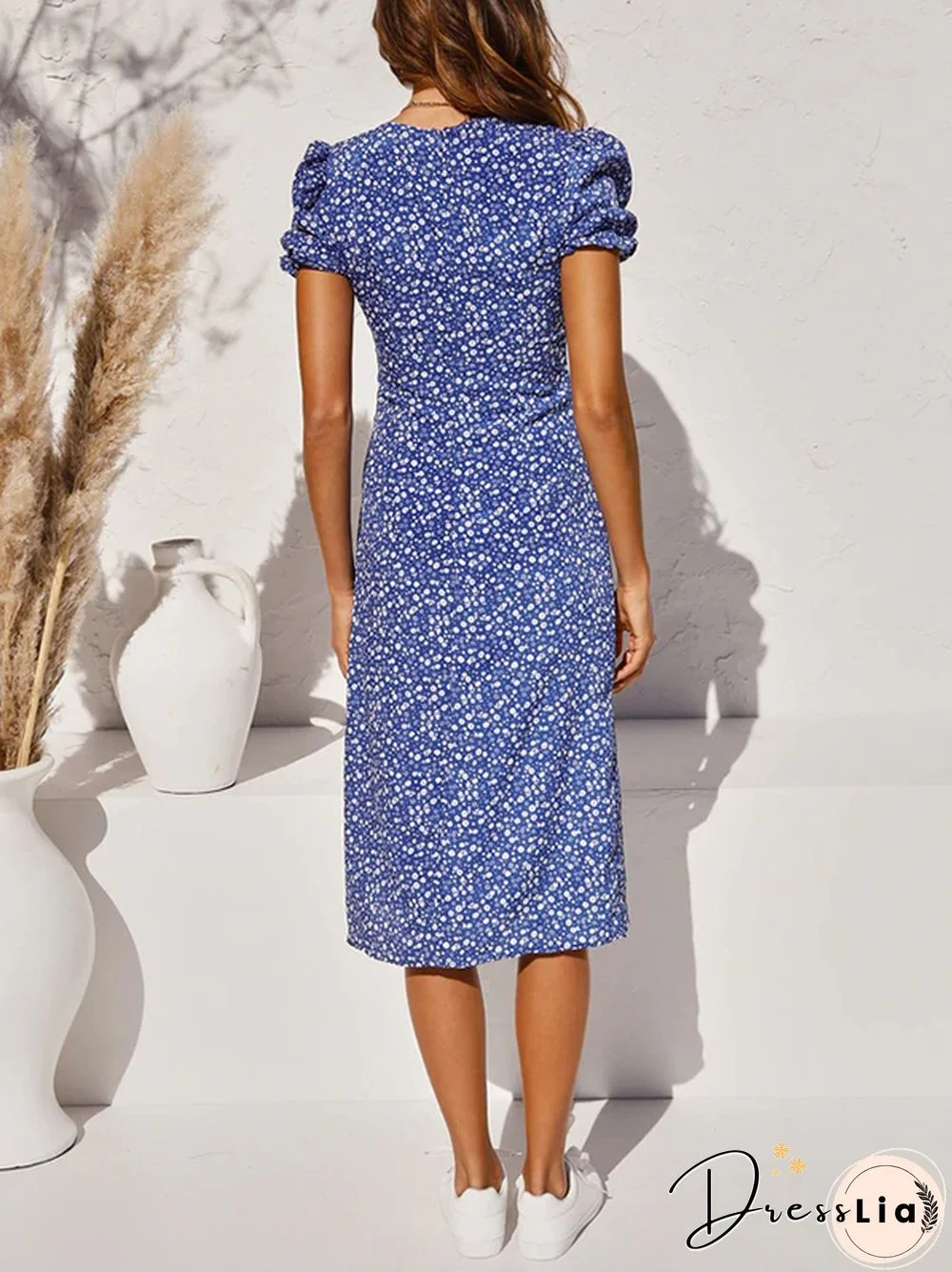 Puff Sleeves Ruched Bust Split Floral Print Midi Dress