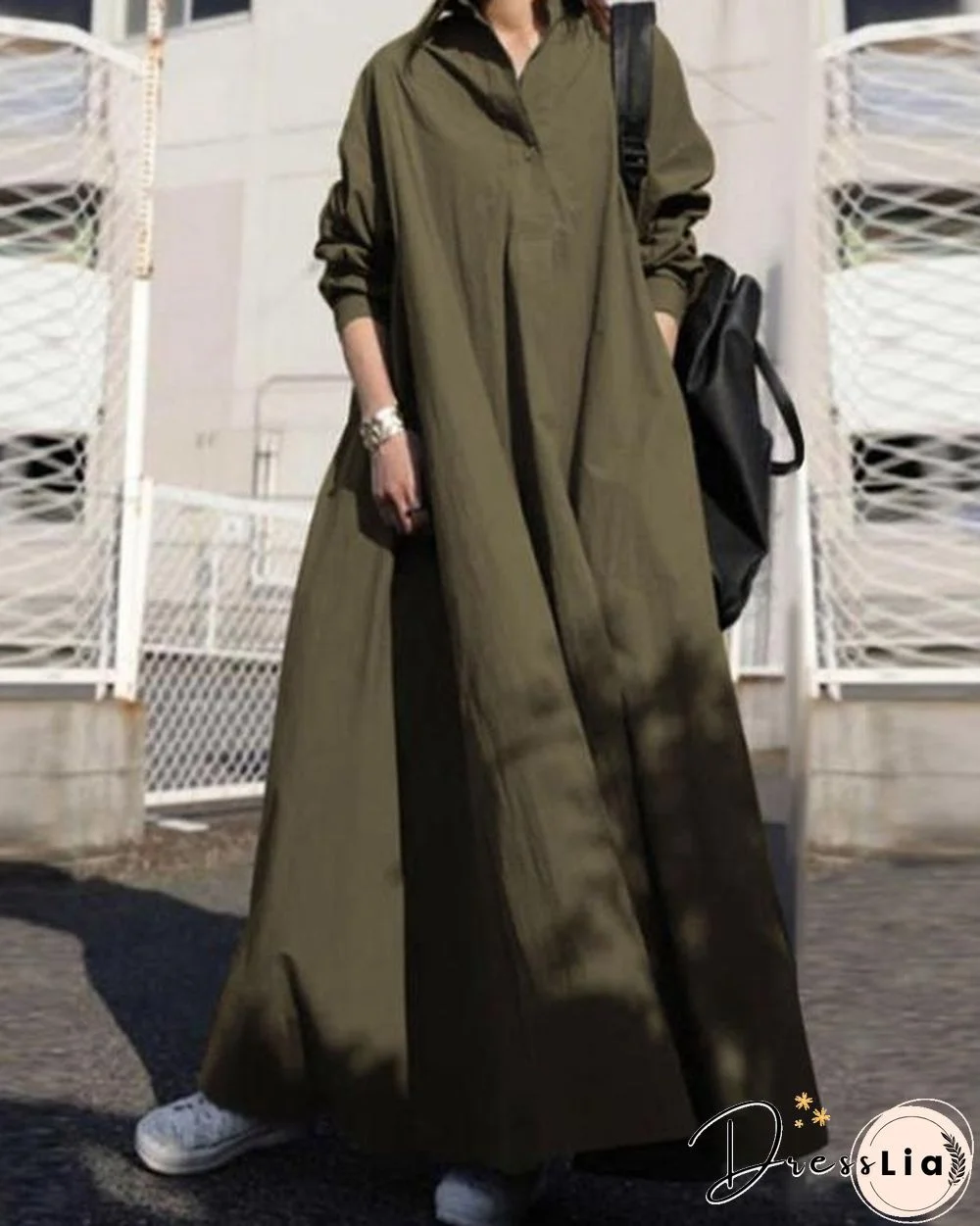 Solid Shirt Collar Loose Fit Big Hem Long Sleeve Maxi Dress