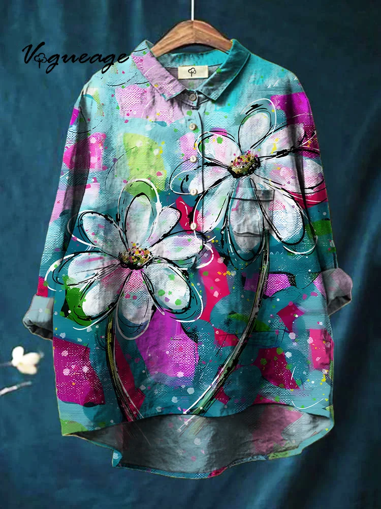 Stylish Simple Watercolor Flowers Printed Cotton And Linen Shirt