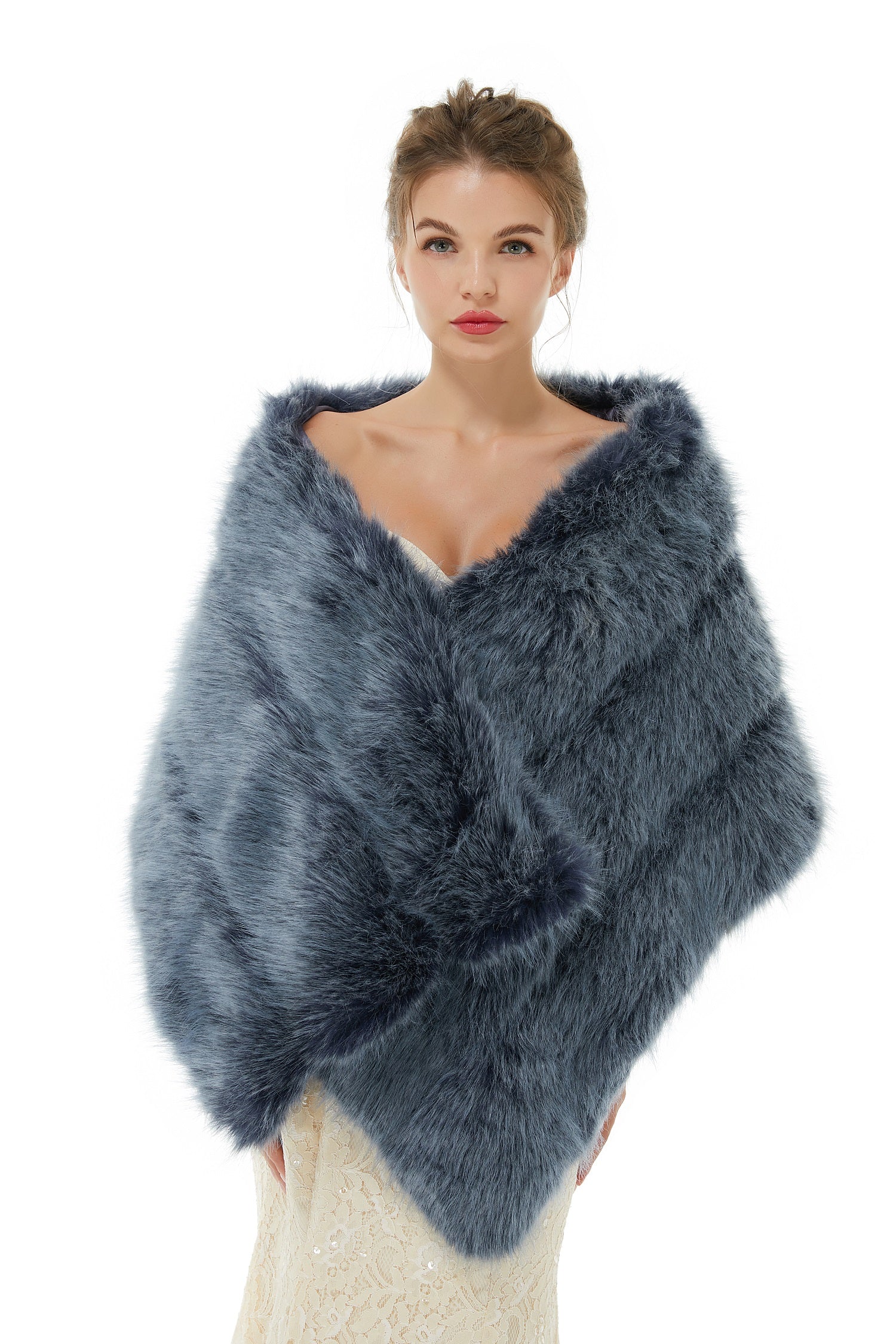 Modern Navy Blue Faux Fur Shawl Winter Wrap for Brides - lulusllly