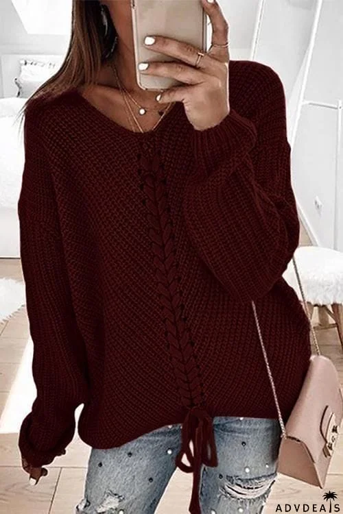 V Neck Lace Up Sweater