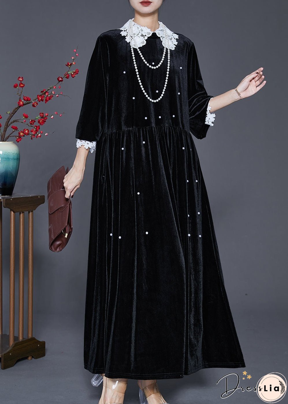 Loose Black Lace Patchwork Nail Bead Silk Velvet Long Dresses Spring