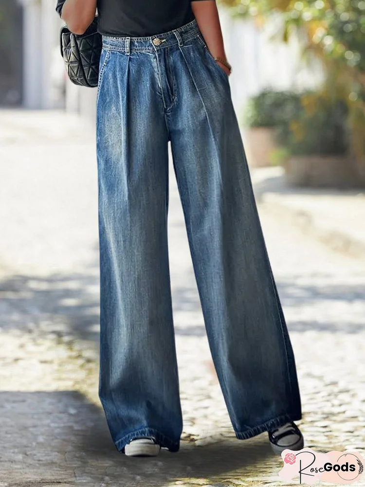 Women Plain Simple Autumn High Waist Straight Pants Denim Long H-Line Regular Size Jeans