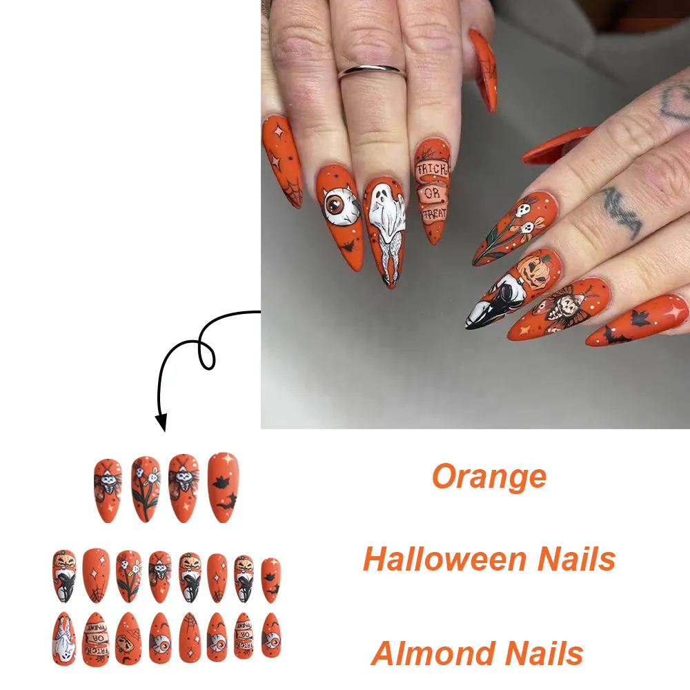 Churchf Churchf Almond Nail Orange Pumpkin Female Ghost Halloween Element Fake Nail Finished Wear Nail Holiday Nail