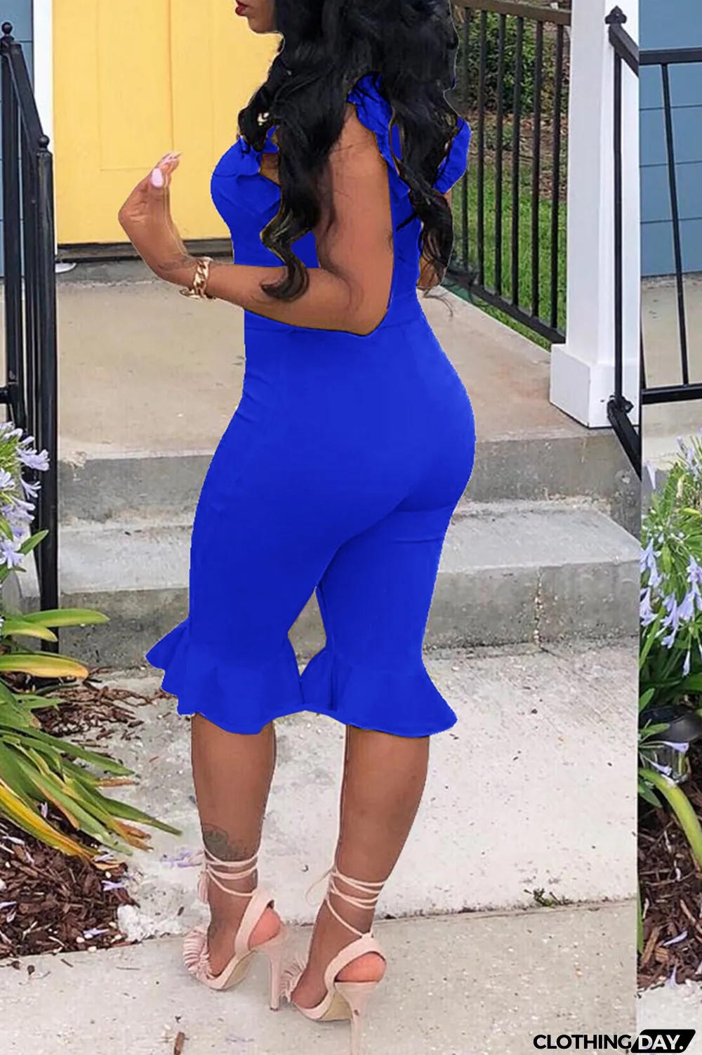 Red Casual Solid Flounce O Neck Regular Jumpsuits