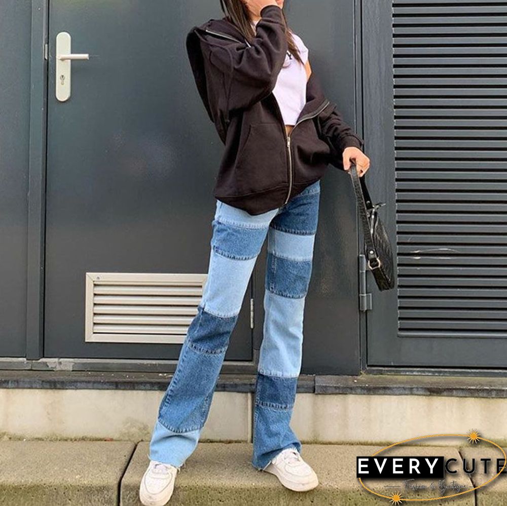 Patchwork Stitch Color Block Slim Fit Straight Leg Jeans Ripped Denim Pants