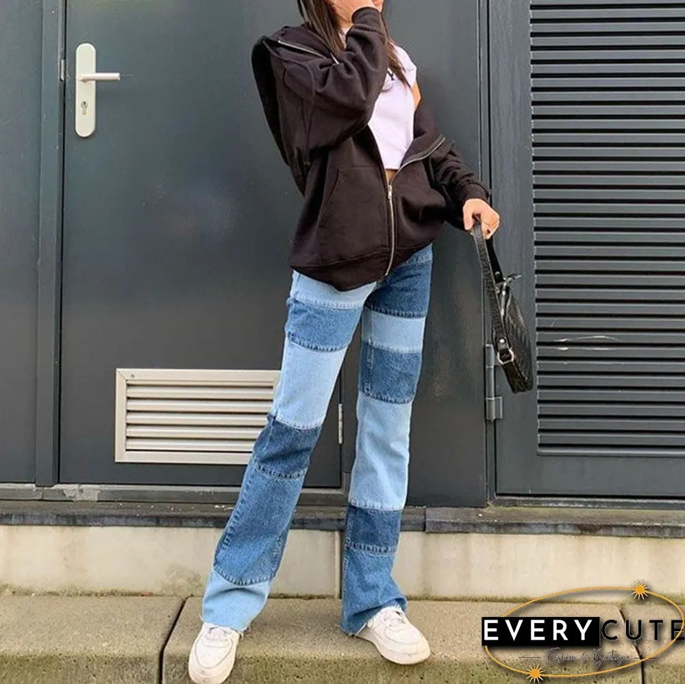 Patchwork Stitch Color Block Slim Fit Straight Leg Jeans Ripped Denim Pants