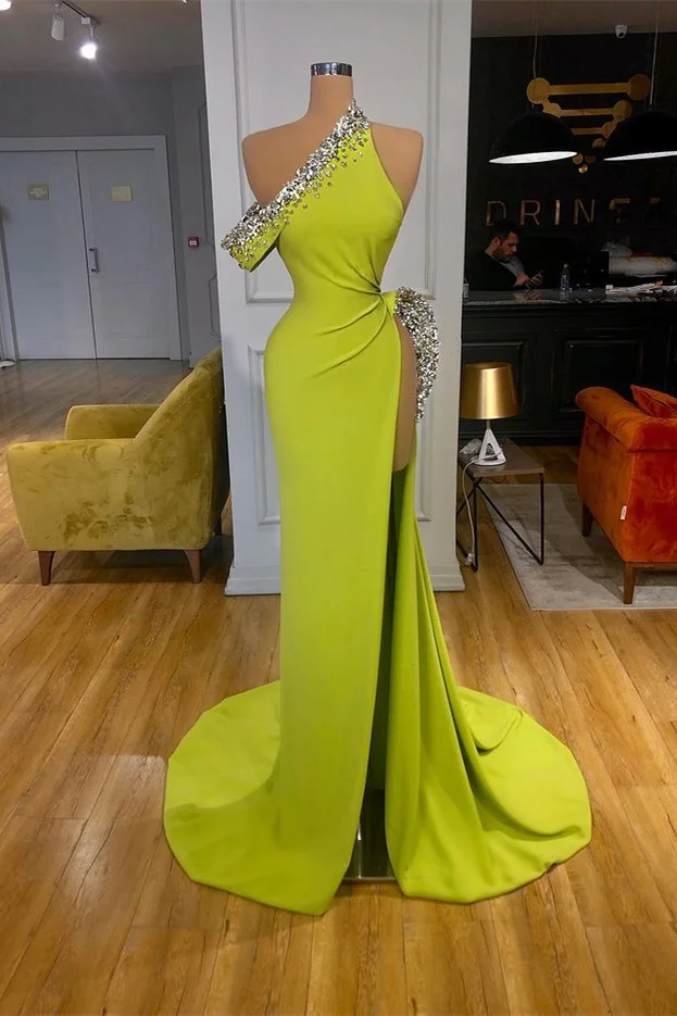 Luluslly Yellow Green Mermaid Long Prom Dress Slit With Beads