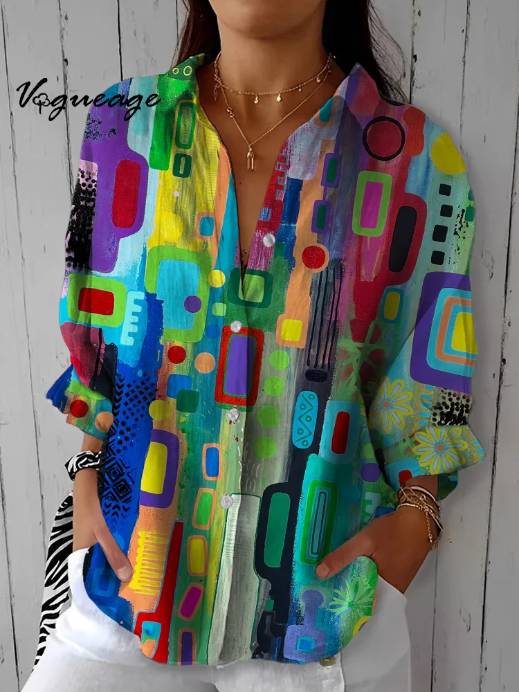Bright Colored Dots And Squares Printed Cotton And Linen Shirt