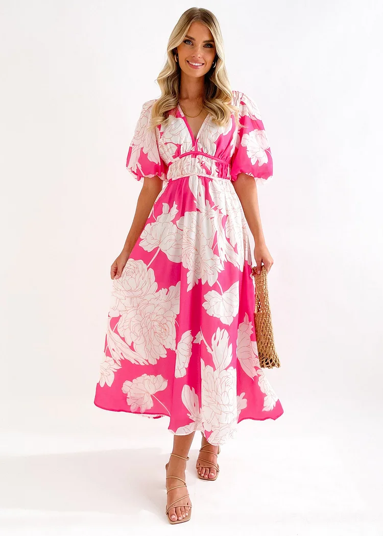 复制V-neck Printed Long Dress With Short Sleeves