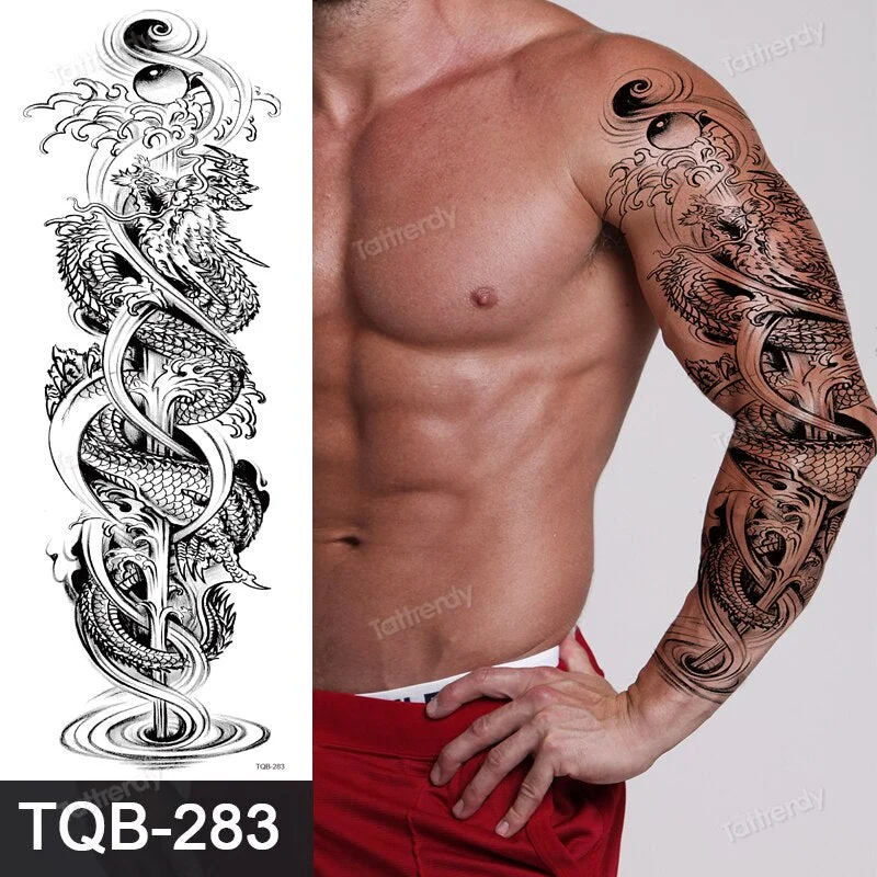 Totem Tribal Dragon Dragon Wolf Temporary Tattoos Full Arm Sleeve Large Body Art Painting Men Adult Sexy Tattoo Waterproof Black