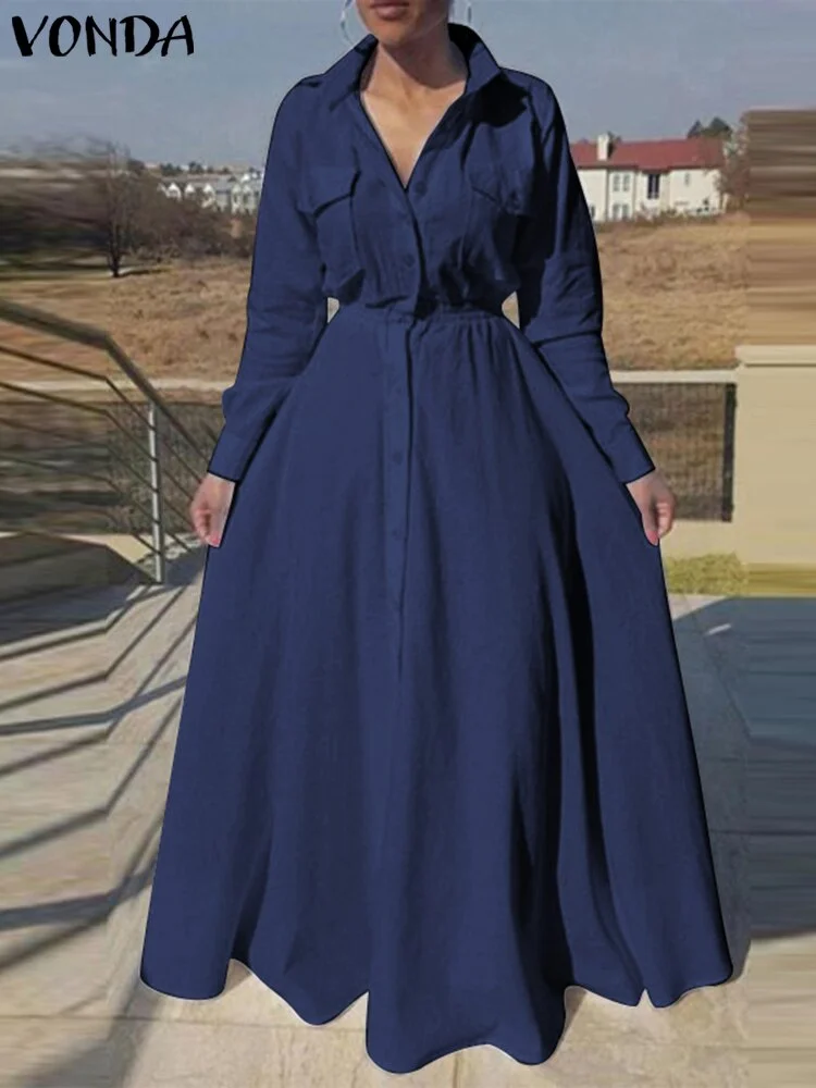 VONDA Oversized Women Maxi Sundress Lapel Collar Button Up Dress 2022 Spring Pleated Casual Robe Long Sleeve Bohemian Vestidos