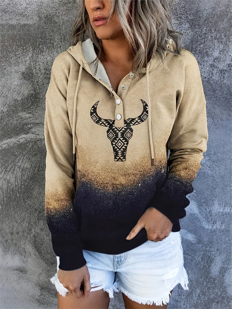 Aztec Cow Head Pattern Drawstring Hoodie wearshes