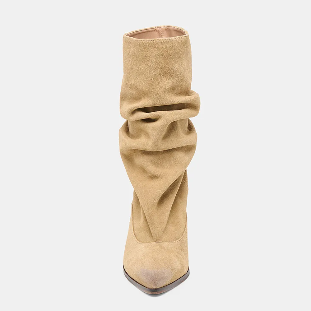 Dark Beige Pointed Toe Slouchy Mid Calf Boots for Women