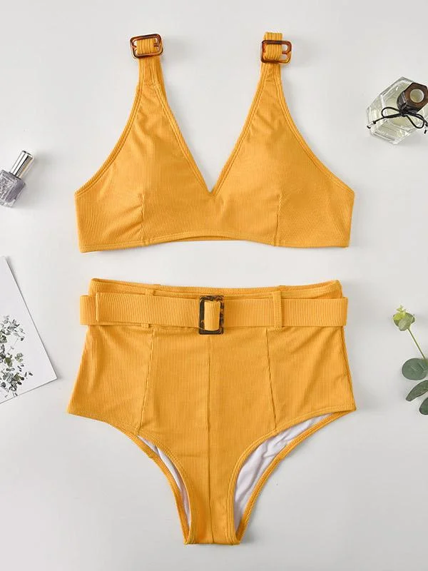Solid Color Embellished Belted Split Bikini Swimsuit