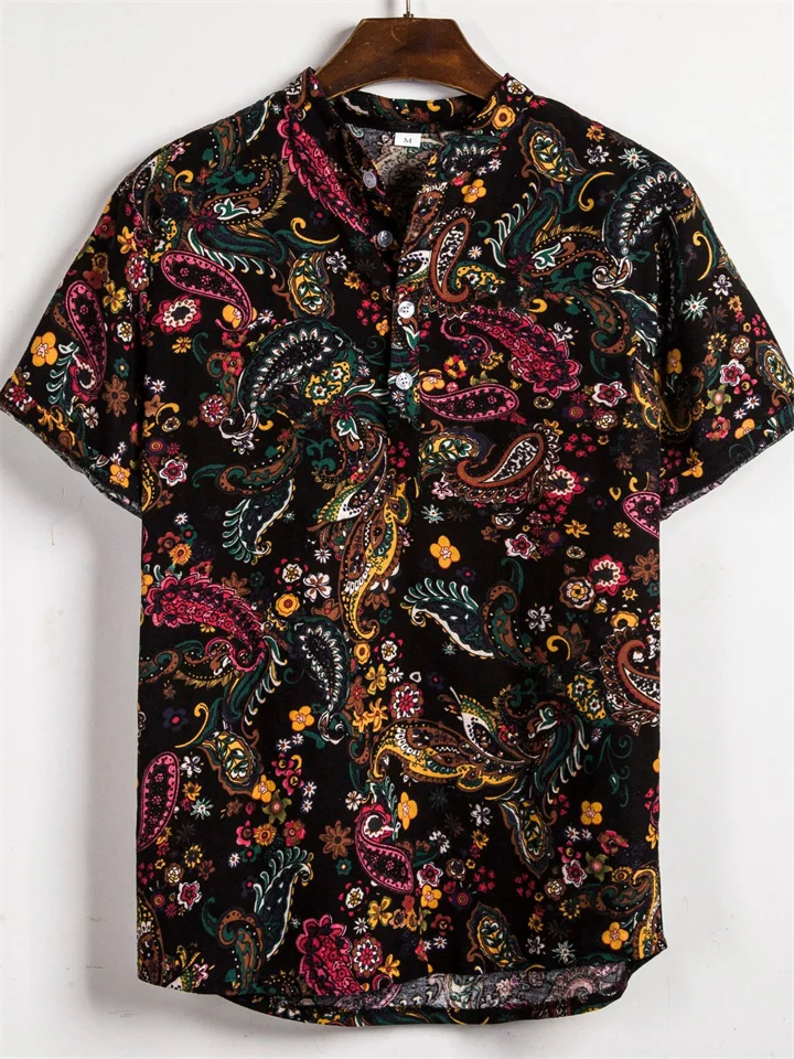 Summer New Men's Large Size Floral Pattern Slim Stand-up Collar Printed Short-sleeved Loose Fashion Shirt