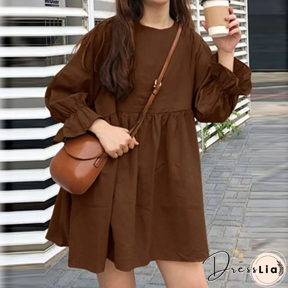 Womens Fashion Small Fresh Long Sleeve Neck Dress Early Autumn Dot Print Mini Ladies